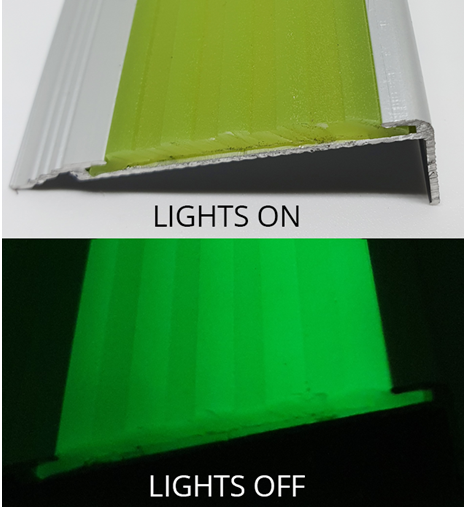 Aluminium Stair Nosing - Fluorescent / Glow in the Dark Rubber Insert - 1m & 1.5m lengths